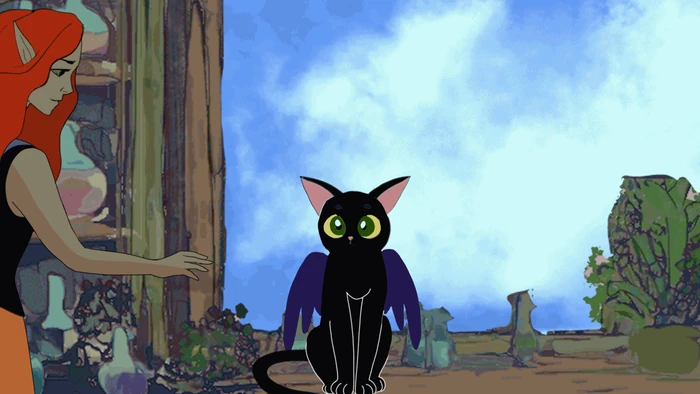 The witch petting a black cat with little wings