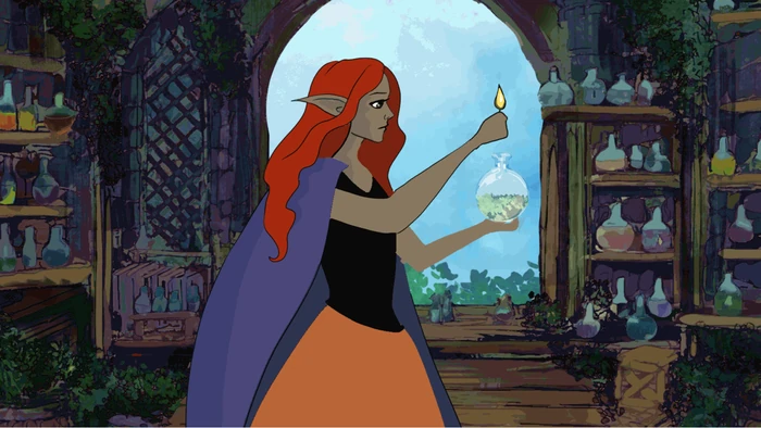 A red-haired witch making a flower potion in a room full of plants