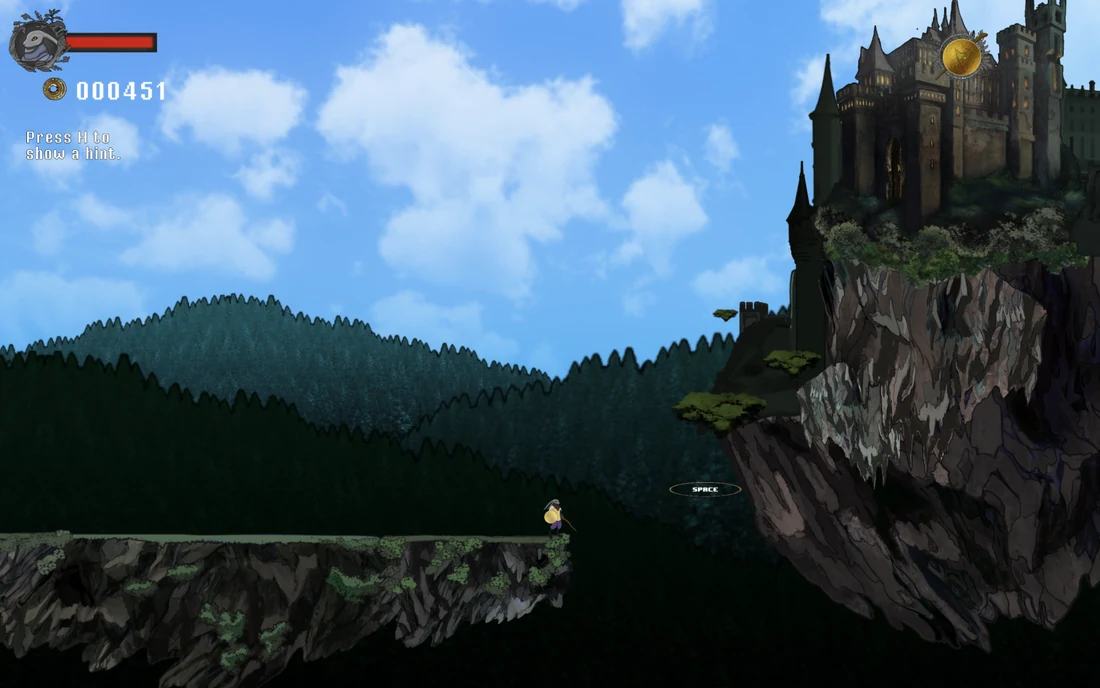 A castle above a cliff under bright summer clouds