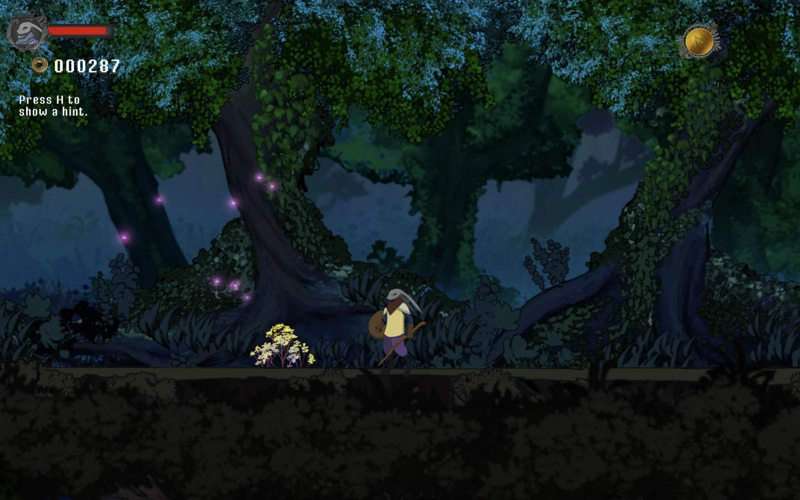 A small traveller beneath immense twisted trees in a moonlit forest