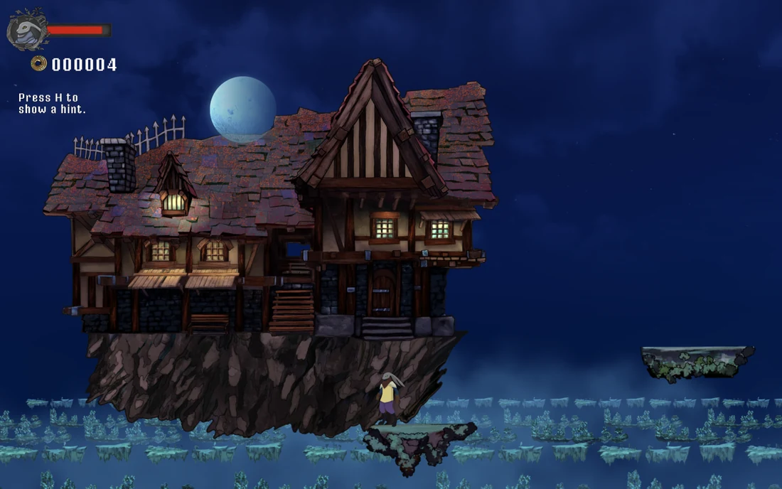 A timbered tavern perched on a floating island at night