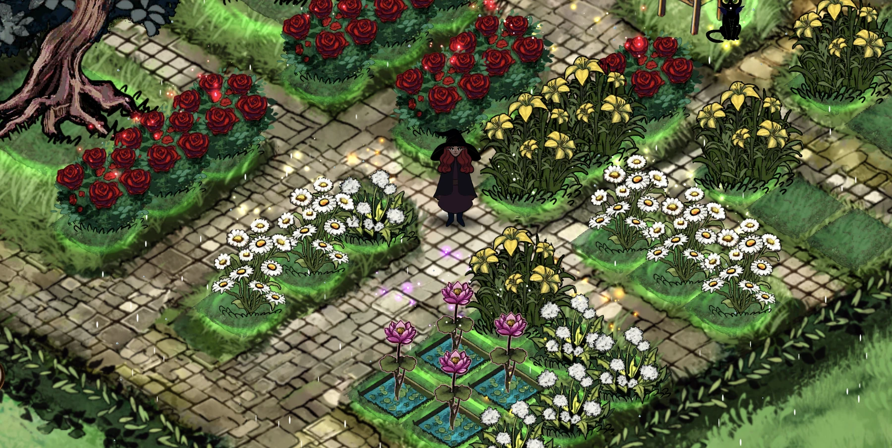 A witch among beds of roses, lilies, daisies and lotus flowers, with a black cat nearby