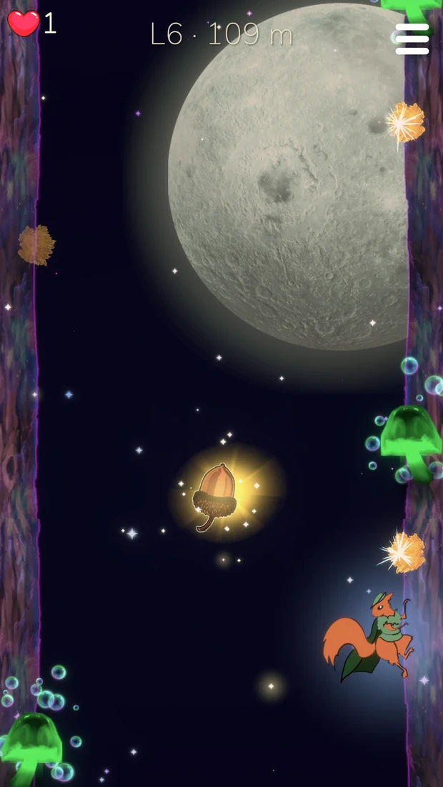 A little squirrel climbing past a huge moon and glowing lights