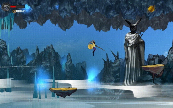 The traveller crossing platforms beside a statue and waterfall